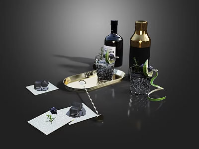 Elegant Wine Bottles And Crystal Glasses On Gold Tray With Green Garnish And Dark Background 3d model