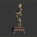 Ancient Soldier Statue With Red Helmet Armor And Circular Shield On Red Base Golden Decoration