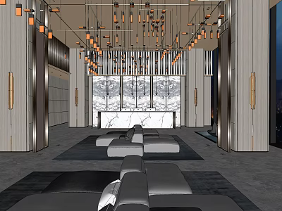 Modern Hotel Lobby Interior Design With Hanging Lights Marble Fireplace And Leather Sofas 3d model