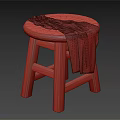 Vintage Round Wooden Stool With Frayed Cloth And Tools On Top