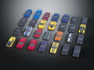 Various Colored Toy Cars In Different Styles Arranged On Black Background 3d model