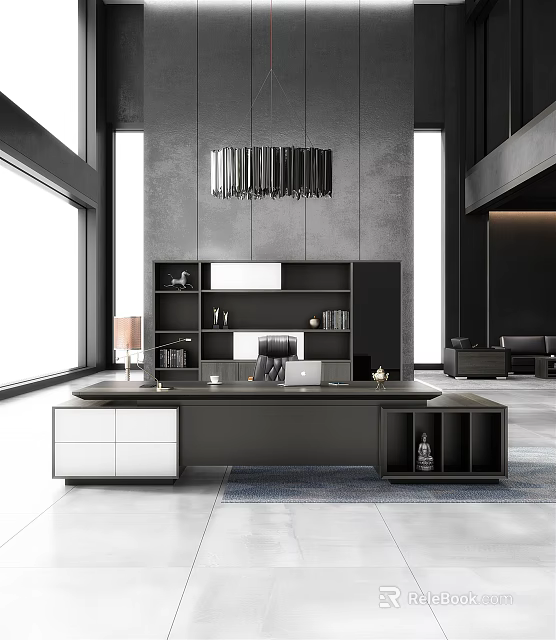 Modern Black and White Office Desk with Bookshelf Books Decorations Chandelier and Large Windows Interior 3d model 