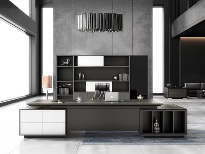 Modern Black and White Office Desk with Bookshelf Books Decorations Chandelier and Large Windows Interior 3d model