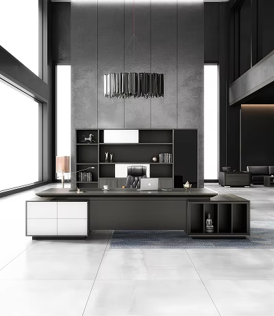 Modern Black and White Office Desk with Bookshelf Books Decorations Chandelier and Large Windows Interior 3d model