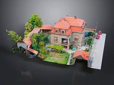 Traditional Detached Villa Exterior With Red Roof Green Trees And Garden Area 3d model