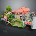 Traditional Detached Villa Exterior With Red Roof Green Trees And Garden Area