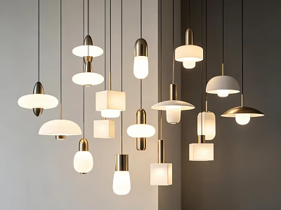 Modern Pendant Lights With Various Designs Metallic Frames And Warm Lighting In Indoor Space 3d model