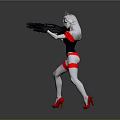 Woman in Black White Red Outfit Holding Weapon With Dynamic Strong Stance Against Gray Background