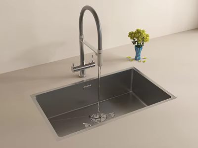 Modern Gray Kitchen Sink With Sleek Design Faucet And Yellow Flowers In Blue Vase 3d model