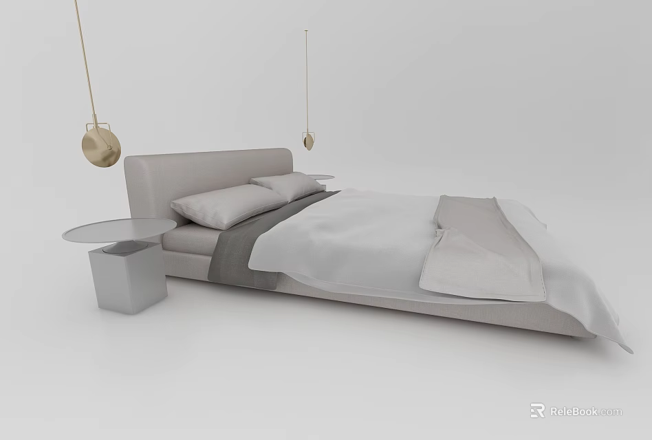Minimalist Double Bed Design With Light Gray Headboard White Sheets And Gold Pendant Lights 3d model 