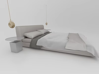 Minimalist Double Bed Design With Light Gray Headboard White Sheets And Gold Pendant Lights 3d model