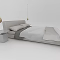 Minimalist Double Bed Design With Light Gray Headboard White Sheets And Gold Pendant Lights