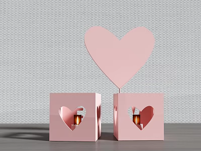 Pink Decorative Ornament Set with Two Cube Boxes Heart Shaped Cutouts and Small Bottles Inside 3d model