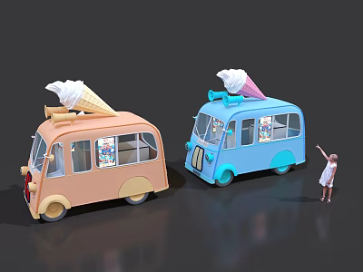Little Girl Near Orange And Blue Ice Cream Trucks With Large Cones 3d model