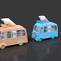 Little Girl Near Orange And Blue Ice Cream Trucks With Large Cones