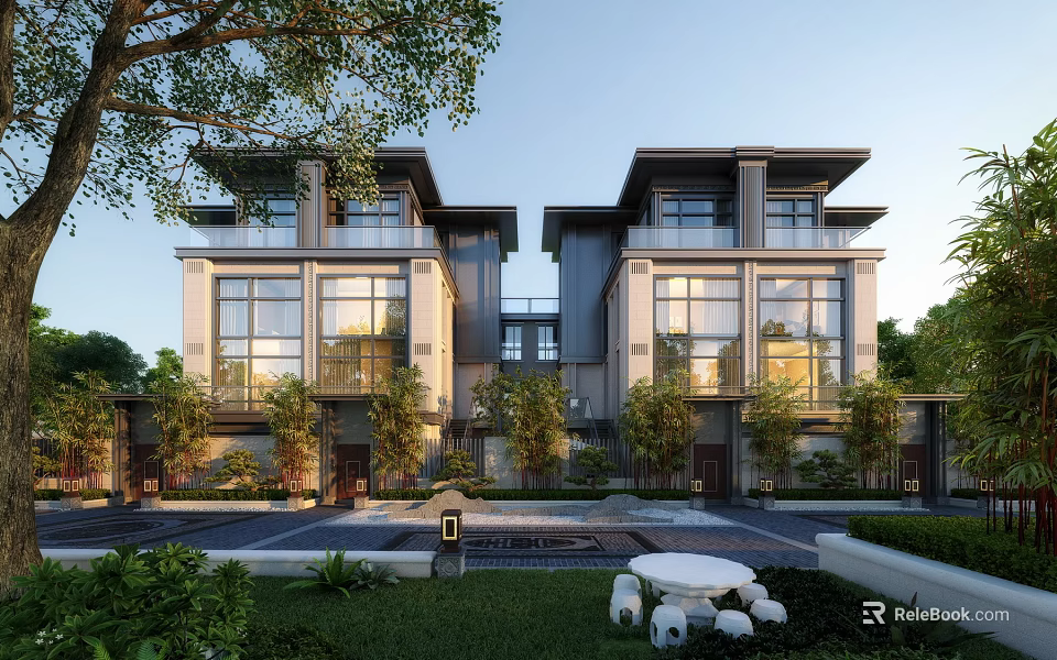 Modern Duplex Villa Exterior Design With Large Windows And Garden Courtyard Greenery 3d model 