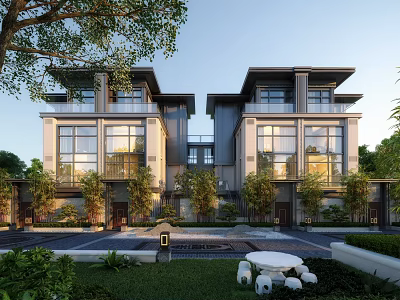 Modern Duplex Villa Exterior Design With Large Windows And Garden Courtyard Greenery 3d model