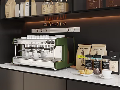 Green Coffee Machine on Modern Kitchen Counter with Coffee Bags Beans Cup and Snacks 3d model