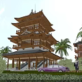 Multi tiered Wooden Pagoda With Palm Trees Greenery And Purple Car