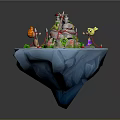 Colorful Cartoon Floating Island Scene With Mountain Red Decorations Green Plants and Playful Elements