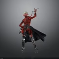 Dynamic Fantasy Character In Red Outfit With White Hair And Black Cape Holding Weapon