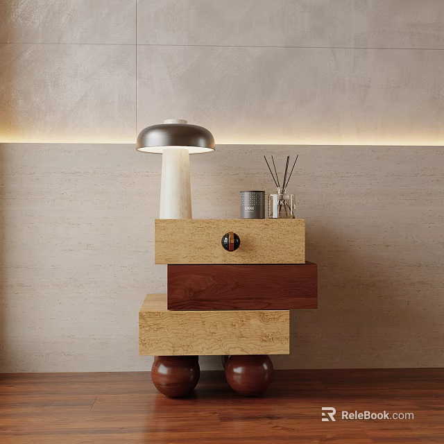 Modern Layered Wooden Nightstand With White Base Metal Shade Lamp And Aromatic Reeds 3d model 