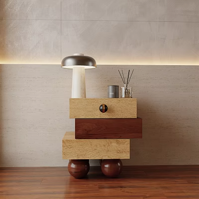 Modern Layered Wooden Nightstand With White Base Metal Shade Lamp And Aromatic Reeds 3d model