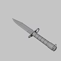 Tactical Military Knife With Worn Metal Blade And Black Textured Handle Isolated On Gray Background