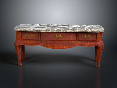 Vintage Red Wooden Console Table With Marble Top And Carved Drawer Details 3d model