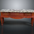Vintage Red Wooden Console Table With Marble Top And Carved Drawer Details