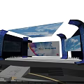 Huawei Conference Stage with Large Screens Blue Sky White Clouds Background and Audience Seats