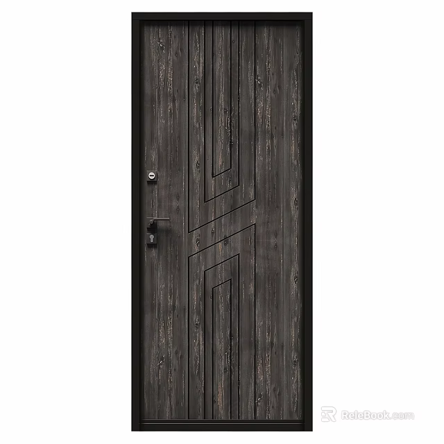 Dark Wooden Door Featuring Geometric Line Patterns And Metal Handle Lock 3d model 