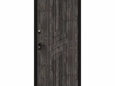 Dark Wooden Door Featuring Geometric Line Patterns And Metal Handle Lock 3d model