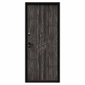 Dark Wooden Door Featuring Geometric Line Patterns And Metal Handle Lock