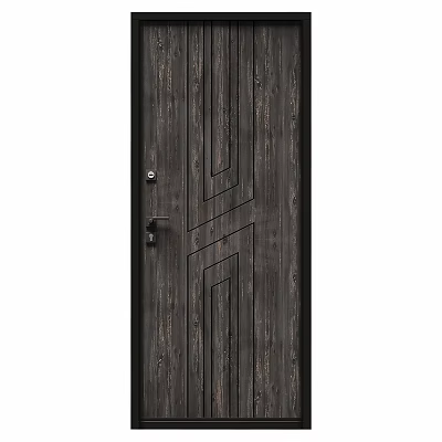 Dark Wooden Door Featuring Geometric Line Patterns And Metal Handle Lock 3d model