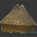 Traditional Thatched Roof Cottage With Wooden Structure And Green Foliage
