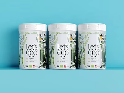 Eco Friendly Beverage Cans with Green Plant and Bird Design on Light Blue Background 3d model