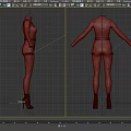 Black Tight Fitting Jumpsuit With Red Lines Belt Pockets And Red High Heels