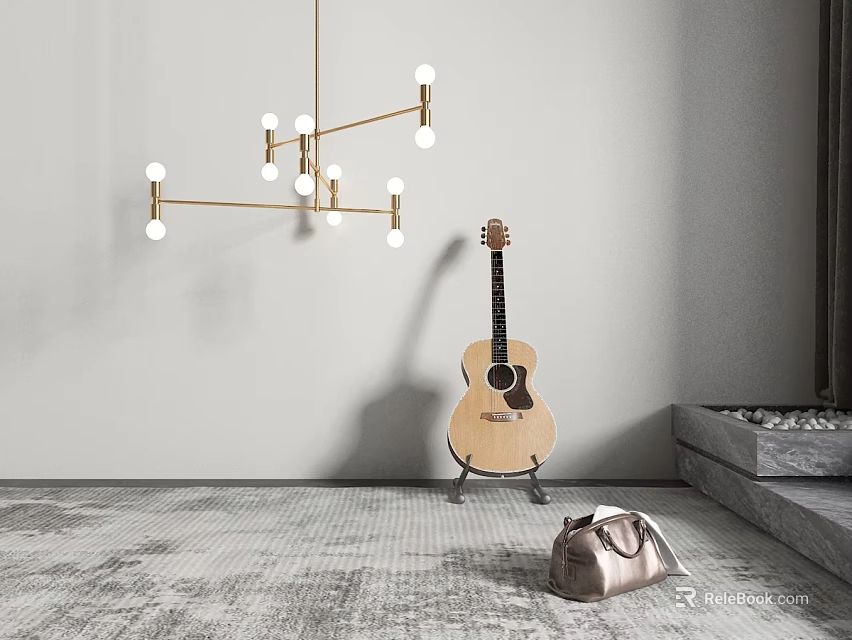 Acoustic Guitar On Stand In Room With Light Gray Wall Golden Chandelier And Gray Rug 3d model 
