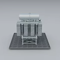 Heavy Duty Industrial Transformer Structure With Cylindrical Storage Tank Radiator Fins And Metal Frame Platform Base