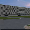 Modern Office Building Exterior Featuring Regular Window Design Road Cars Green Trees And Scenic Sky