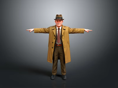 A Man Wearing a Hat and Trench Coat With Arms Outstretched Against Gray Background 3d model