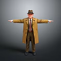 A Man Wearing a Hat and Trench Coat With Arms Outstretched Against Gray Background