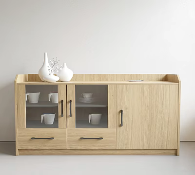 Light Wood Sideboard With Glass Doors Drawers White Cups Plates And Decorative Vases On Top 3d model