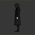 Detailed Black Hooded Robe Costume With Leather Zipper Belt And Long Boots