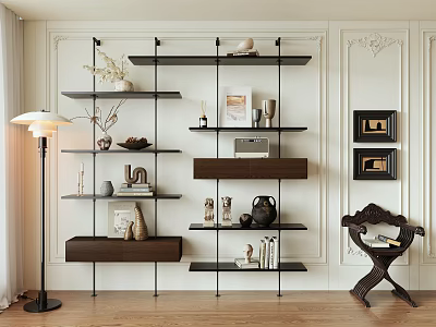 Stylish Modern Bookshelf With Decorative Items Books Photo Frames On White Wall Wooden Floor 3d model