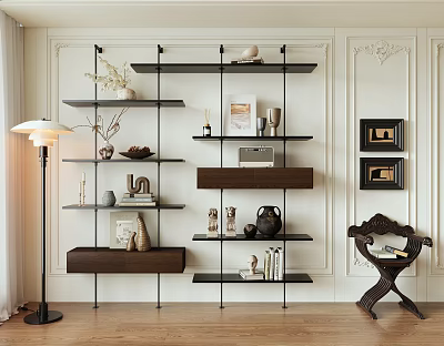 Stylish Modern Bookshelf With Decorative Items Books Photo Frames On White Wall Wooden Floor 3d model