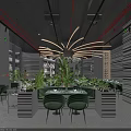 Stylish Restaurant Interior With Green Chairs Lush Plants And Modern Lighting