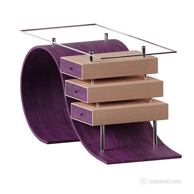 Unique Furniture Design With Purple Curved Base Light Wood Drawers Metal Legs And Glass Top 3d model 
