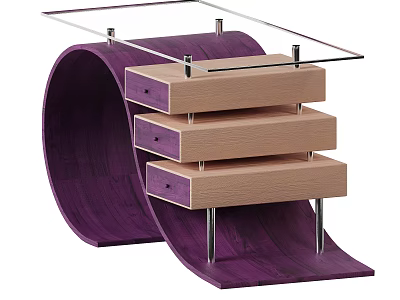 Unique Furniture Design With Purple Curved Base Light Wood Drawers Metal Legs And Glass Top 3d model